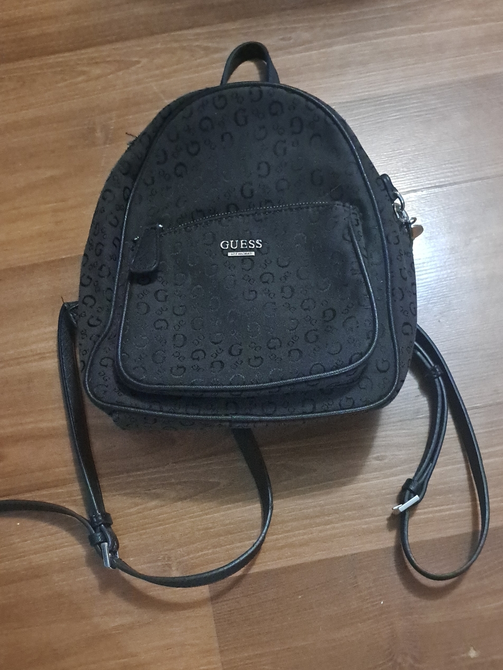 GUESS Black Monogram Mini Backpack with Front Pocket